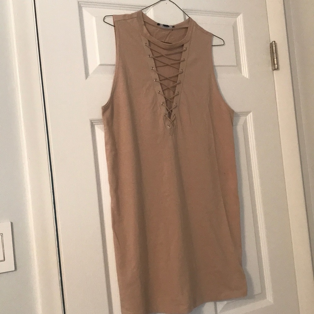 tan cross cross front dress